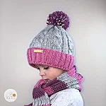 Hand knitted acrylic reflective pom pom hat scarf set pink grey purple kids teens adults rahecraft child model side view