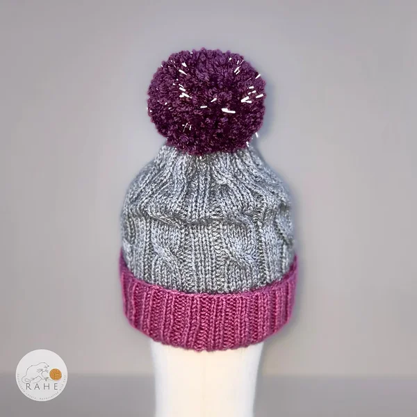 Hand knit kids hats in gray, lilac, and pink. Womens, mens, kids warm winter hats.