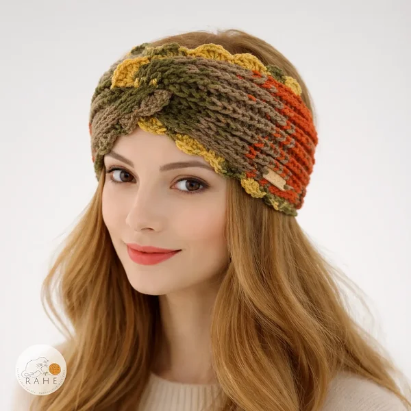 Hand-knitted wide acrylic headband on female model, moss green and mustard yellow gradient knit headband with twisted front, scalloped lace edge, soft stretchy ribbed texture, RAHEcraft