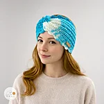 Hand knitted acrylic wide headband scalloped edge girl woman gradient white blue rahecraft on model