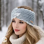 Hand knitted acrylic wide headband scalloped lace edge woman gradient white grey rahecraft on model 1