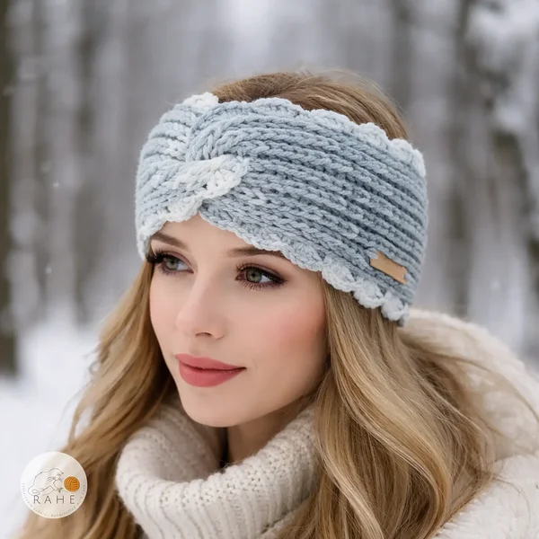 Hand-knitted wide acrylic headband worn by woman in winter setting, white and light grey twisted knit with crocheted scalloped lace edge, Nordic style accessory, RAHEcraft