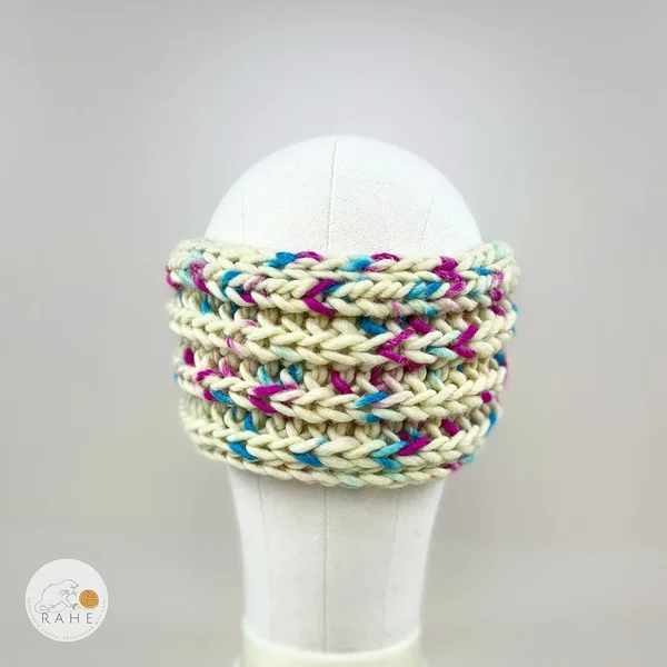 Hand-knitted wool headband in off-white, blue and purple speckled yarn. Christmas gift idea for her.