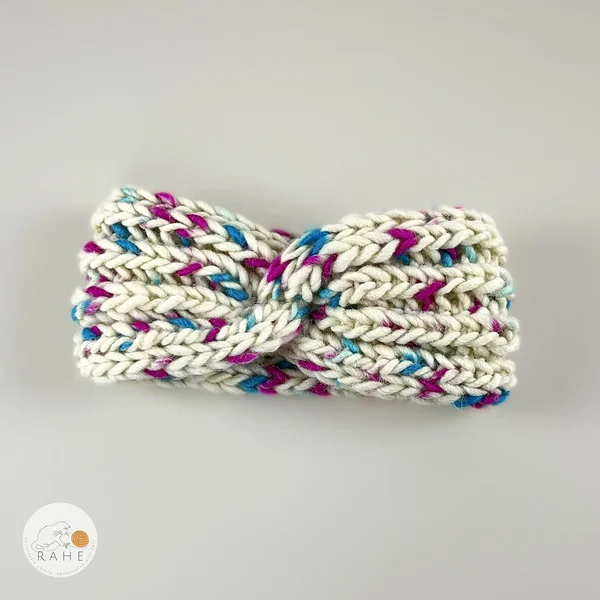 Hand-knitted wool headband in off-white, blue and purple speckled yarn. Christmas gift idea for her.