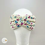 Hand knitted blue purple chunky wool twist headband front rahecraft