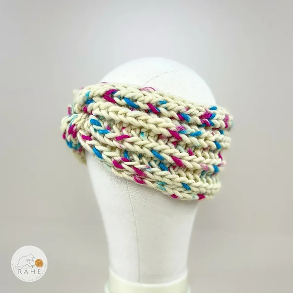 Dotted ear warmers for women in white, blue and purple. Stretchy fisherman's knit. Cozy Estonian handicraft gift idea.