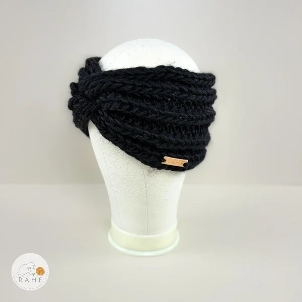Hand-knitted black chunky wool headband for girls and women.
