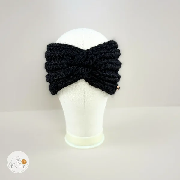 Front view of black hand-knitted wool headband for girls and women by RAHEcraft