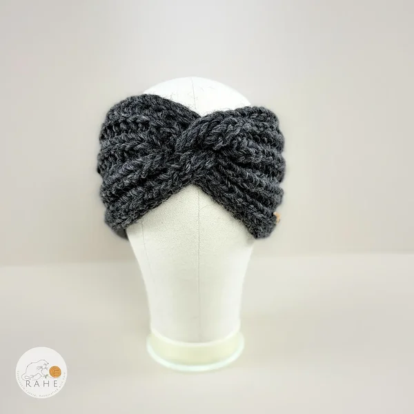 Front view of a charcoal hand-knitted wool headband for girls and women by RAHEcraft