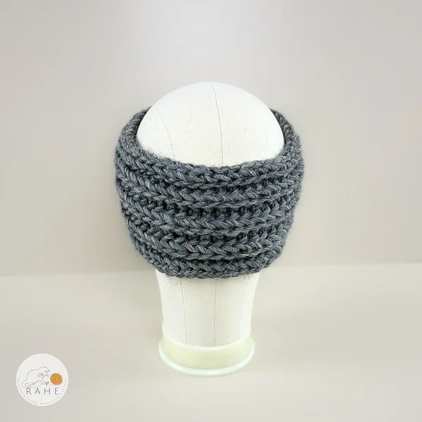 Back view of a hand-knitted grey chunky wool ear warmers for girls and women.