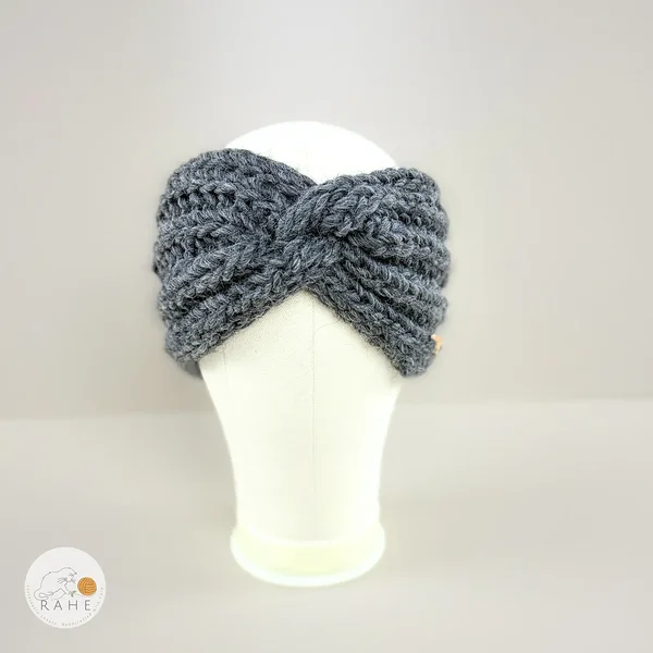 Front view of a grey hand-knitted wool headband for girls and women by RAHEcraft
