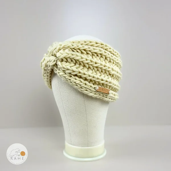 White hand-knitted ivory white chunky wool headband for girls and women.