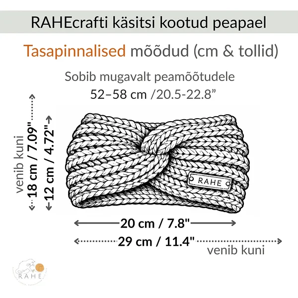 Käsitsi kootud peapaela tasapinnalised mõõdud (cm ja tollid) – RAHEcraft