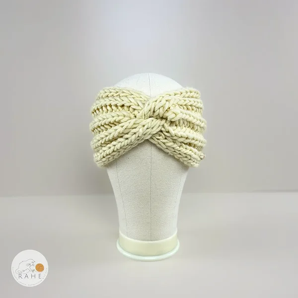 Front view of a white hand-knitted wool headband for girls and women by RAHEcraft