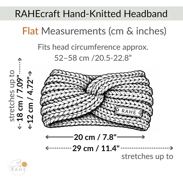 A measurement table od RAHEcraft's hand-knitetd headband
