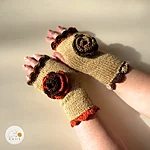 Hand knitted fingerless gloves flower lace edge women beige rahecraft model round prop