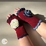 Hand knitted fingerless gloves flower lace edge women dark red rahecraft worn pair 2