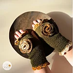 Hand knitted fingerless gloves flower lace edge women moss green rahecraft model round prop 1