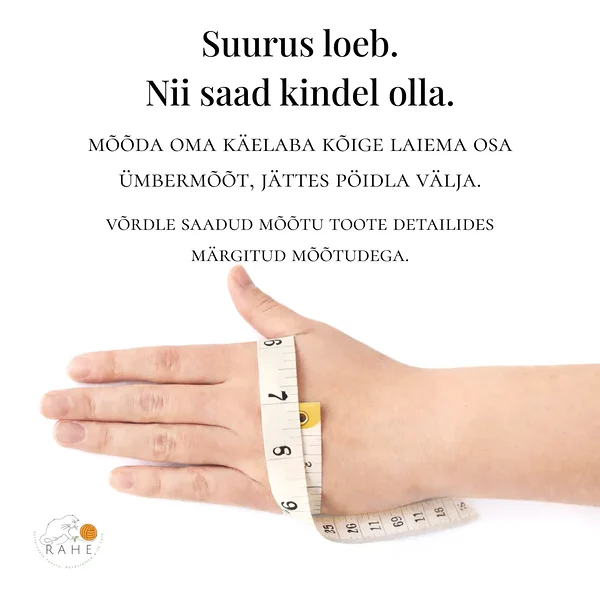 Juhend käelaba ümbermõõdu mõõtmiseks, et valida RAHEcraft käsitsi kootud sõrmedeta kinnaste jaoks sobiv suurus.