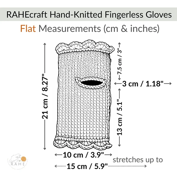 Flat measurements of RAHEcraft hand-knitted fingerless gloves shown in centimeters and inches to help choose the correct size.