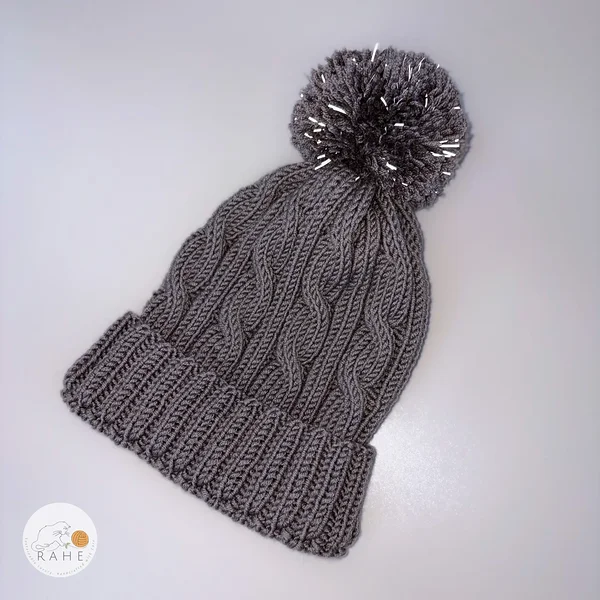 Grey pom pom winter beanie hat for kids, teens, women, and men. Hand-knitted merino hat.