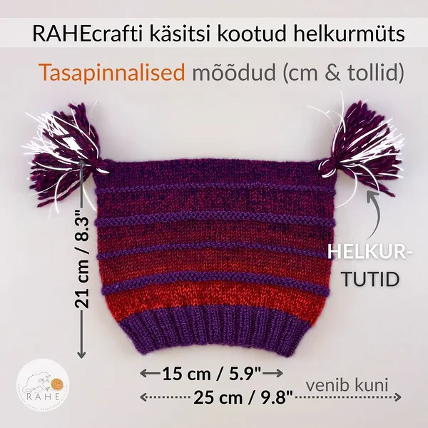 RAHEcrafti käsitsi kootud helkurmütsi tasapinnalised mõõdud – lillakas-punane triibuline villasegune müts helkurtuttidega, veniv laius 15–25 cm ja kõrgus 21 cm.