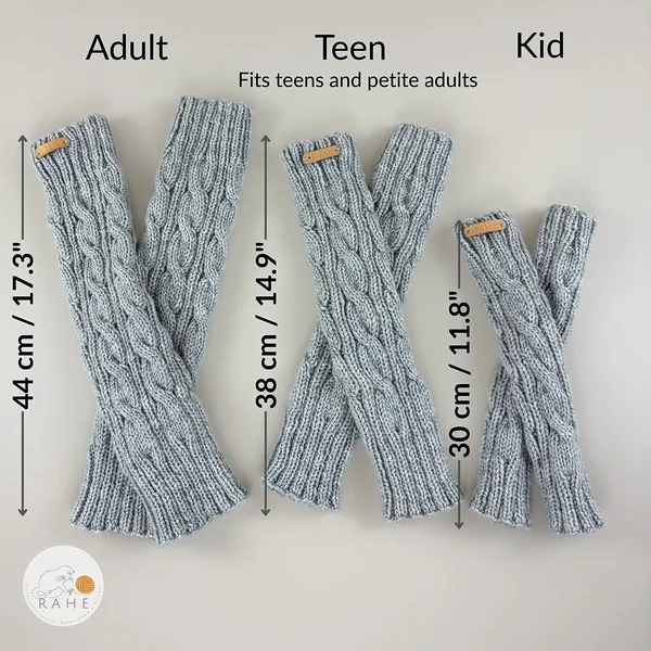 Complete size guide for RAHEcraft hand-knitted leg warmers showing Adult, Teen and Kid sizes with flat measurements and stretch width.
