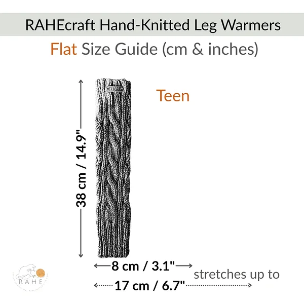 Size guide for RAHEcraft hand-knitted leg warmers – Teen size, suitable for teens and petite adults.