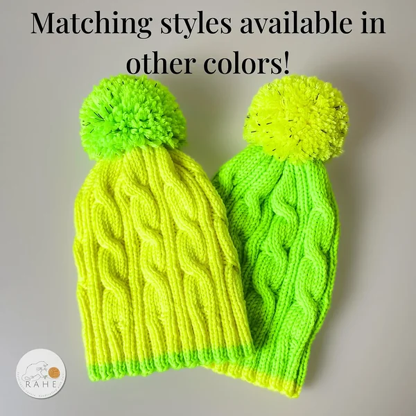 Kids reflective winter beanies. Hand.knitted braided merino hats in neod green and yellow.   Estonian handicraft gift for children.
