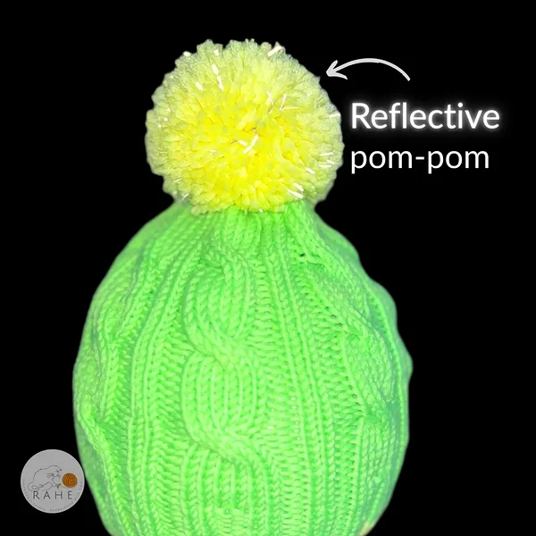 Reflective winter beanie. Hand-knitted neon green merino wool winter hat in white neon yellow fur pom-pom – Estonian handicraft gift for kids.