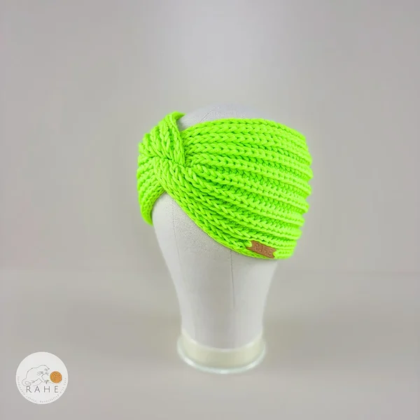 Hand-knitted neon green merino wool headband for girls and women.