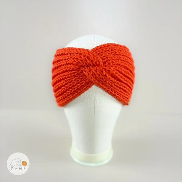 Front view of neon orange hand-knitted merino wool headband for girls and women by RAHEcraft
