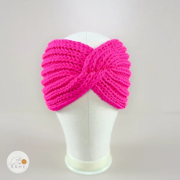 Front view of neon pink hand-knitted merino wool headband for girls and women by RAHEcraft