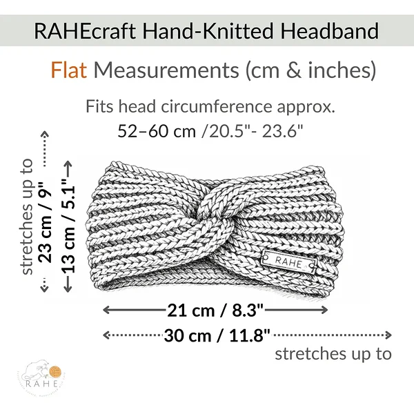 A measurement table of RAHEcraft's hand-knitted headband