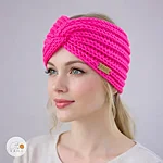 Hand knitted merino wool headband girl woman neon pink rahecraft on model