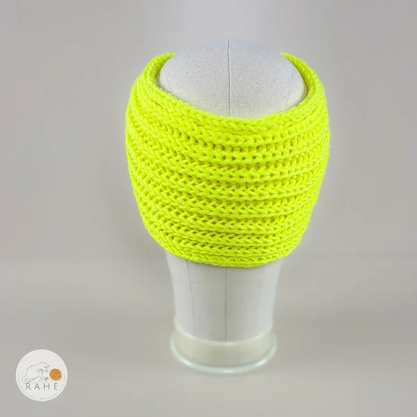 Back view of a hand-knitted bright neon yellow merino wool ear warmers for girls and women.
