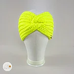 Hand knitted merino wool headband girl woman neon yellow rahecraft front view