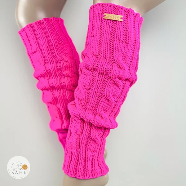 RAHEcraft neon pink merino wool leg warmers cable knit, handmade soft knit leg warmers for women, stretchy cozy leg warmers for boots leggings and winter outfits