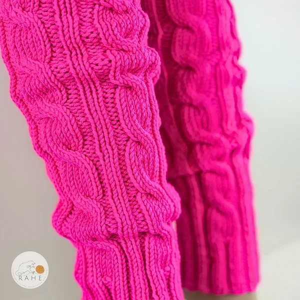 RAHEcraft neon pink merino wool leg warmers cable knit, handmade slouchy leg warmers for women, soft stretchy knit leg warmers styled scrunched for boots dance and cozy spring outfits