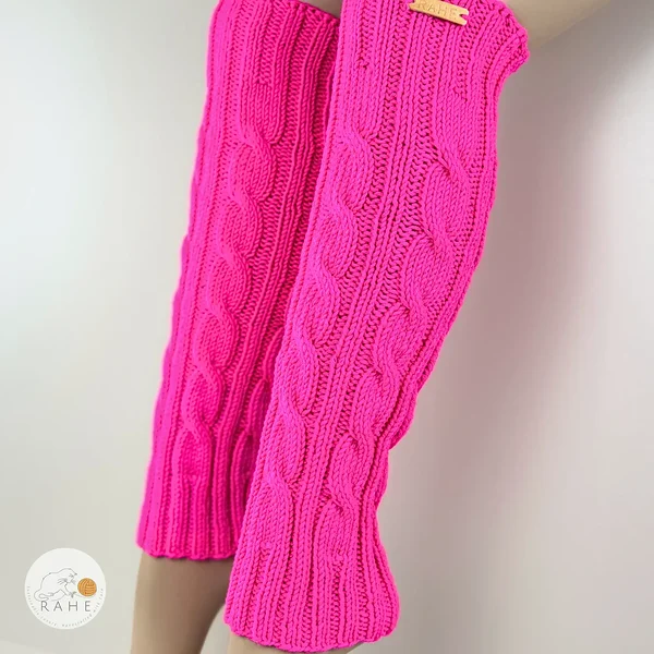 RAHEcraft neon pink merino wool leg warmers cable knit, handmade knee high leg warmers for women teens and kids, soft stretchy knit leg warmers for boots dance and winter or spring outfits
