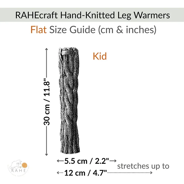 RAHEcraft handmade cable knit leg warmers kid size flat measurements 30 cm length, 5.5 cm width stretching to 12 cm, soft stretchy knit leg warmers for children, size guide in cm and inches