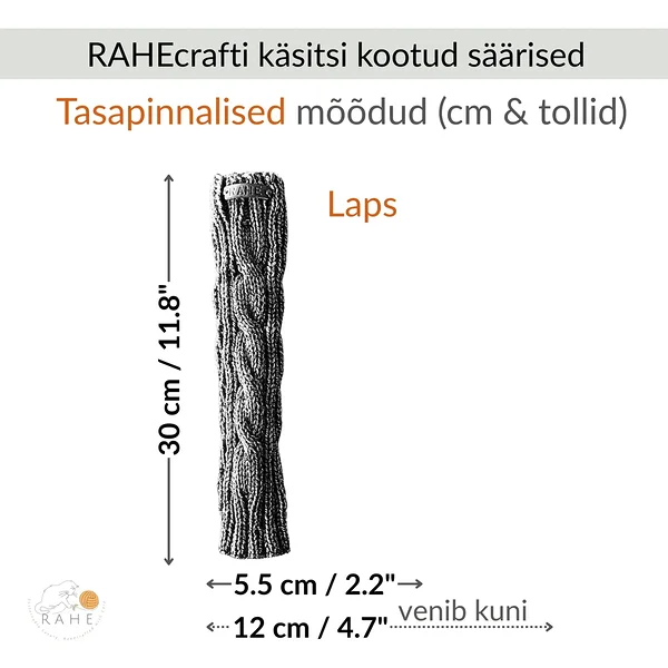 RAHEcraft käsitsi kootud neoonrohelised meriino säärised mõõtudega, lapse suurus 30 cm pikkus, 5.5–12 cm laius, palmikkoes pehmed ja elastsed säärised lastele