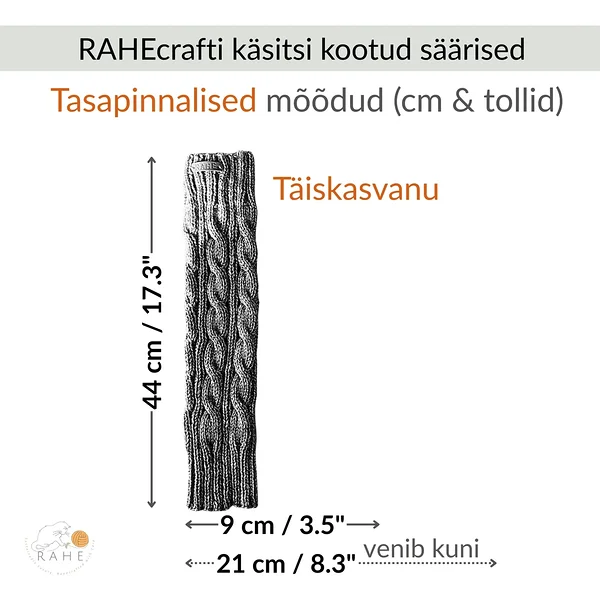 RAHEcraft käsitsi kootud neoonrohelised meriino säärised mõõtudega, täiskasvanu suurus 44 cm pikkus, 9–21 cm laius, palmikkoes pehmed ja elastsed säärised