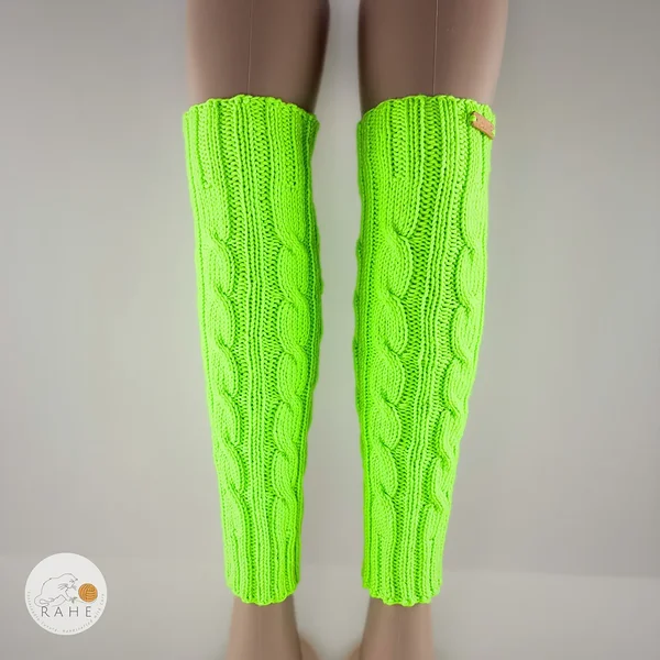 RAHEcraft neon green merino wool leg warmers cable knit, handmade knee high leg warmers for women teens and kids, soft stretchy knit leg warmers for boots dance and winter outfits