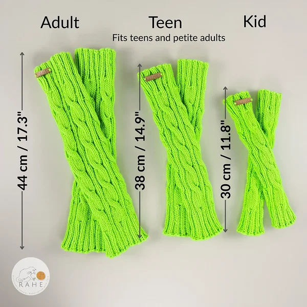 RAHEcraft neon green merino wool leg warmers size comparison adult teen kid, cable knit handmade leg warmers with measurements, soft stretchy knit leg warmers for women teens and kids