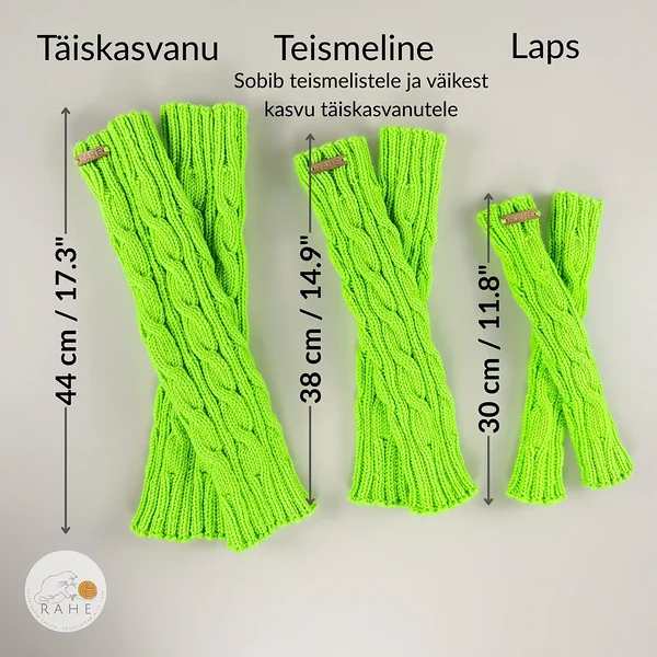 Neoonrohelised meriino säärised palmikkoes erinevates suurustes, täiskasvanu, teismeline ja laps mõõtudega RAHEcraft käsitöö