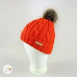 Hand knitted merino wool pom pom hat kids neon orange rahecraft side view