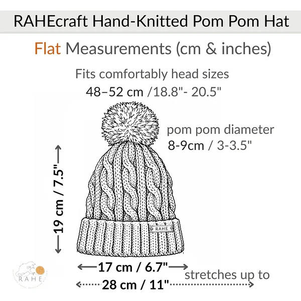 Flat measurement illustration of an orange hand-knitted merino wool children’s pom-pom hat (fits head sizes 48–52 cm) by RAHEcraft