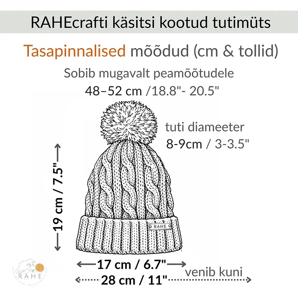 Oranži käsitsi kootud meriinovillase laste mütsi mõõdujoonis