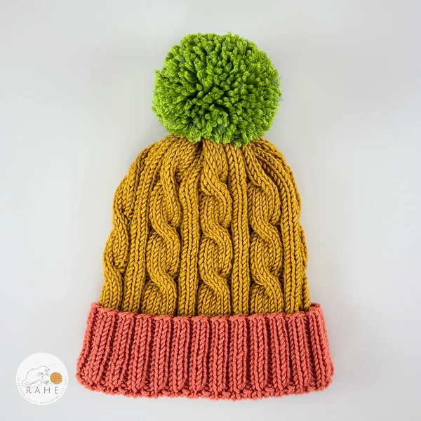 Hand-knitted merino wool reflective pom pom winter hat for kids, teens, women, men. Coral, mustard, green double brim bobble beanie. Cozy christmas gift ideas. Estonian handicraft.